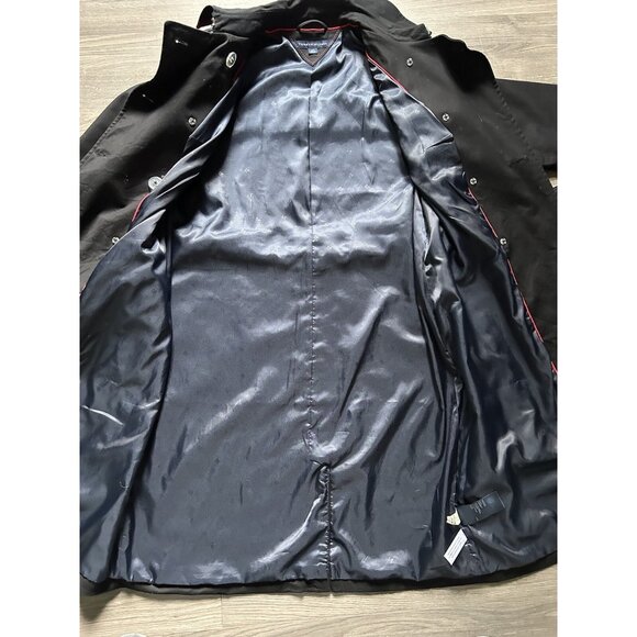 Tommy Hilfiger Belted Trench Coat Black w Navy Lining Size Large Double Breasted - Picture 7 of 8